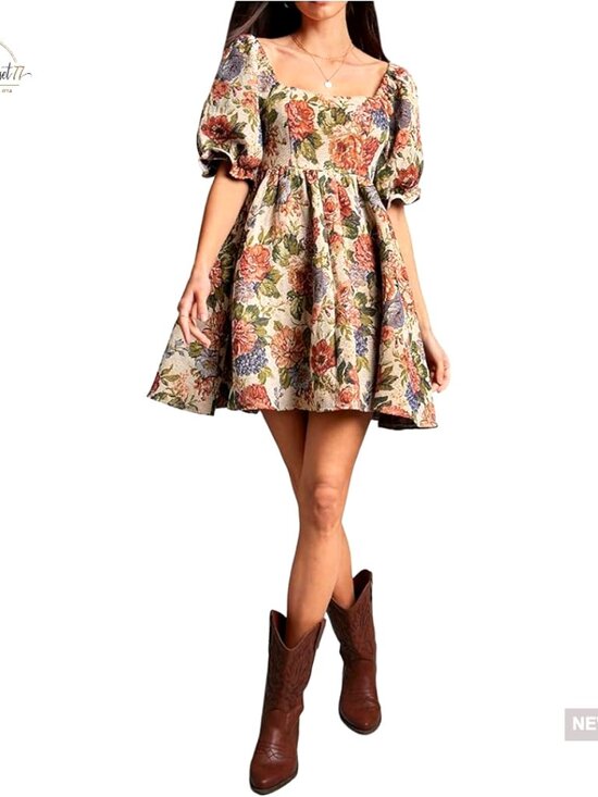 Dresses & Skirts - Floral Square Neck Ruffle Short Dress Puff Sleeve Smocked A-Line Mini